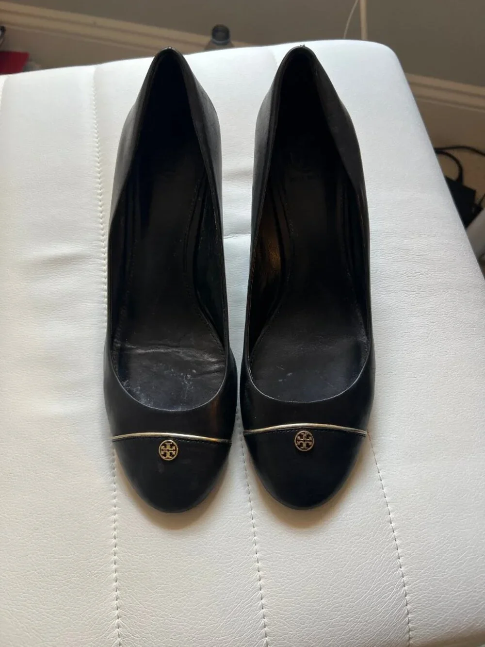 Tory Burch Black Leather Wedge Pumps with Gold Logo- Size 10.5